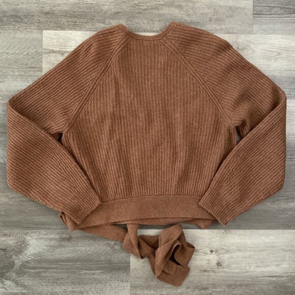 Splendid Adele Wrap Tie Knit Sweater Large Brown Ribbed Surplice VNeck Cashblend - Picture 2 of 9